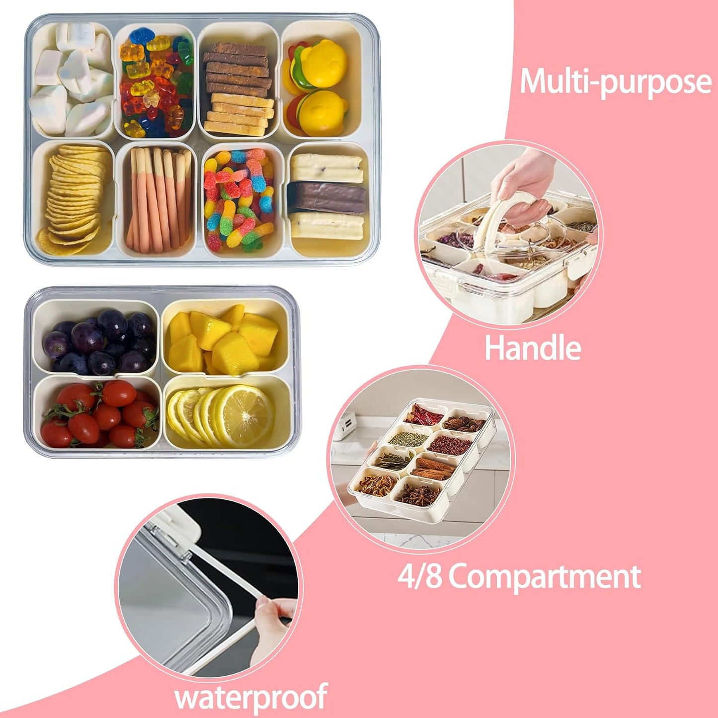 VOUKEN 2PCS Plastic Divided Serving Tray with Lid Snackle Box Charcuterie Container Portable Snack Platters Organizer for Candy, Fruits, Snacks, Nuts, for Party, Entertaining, Picnic (8 Compartment) BST326H