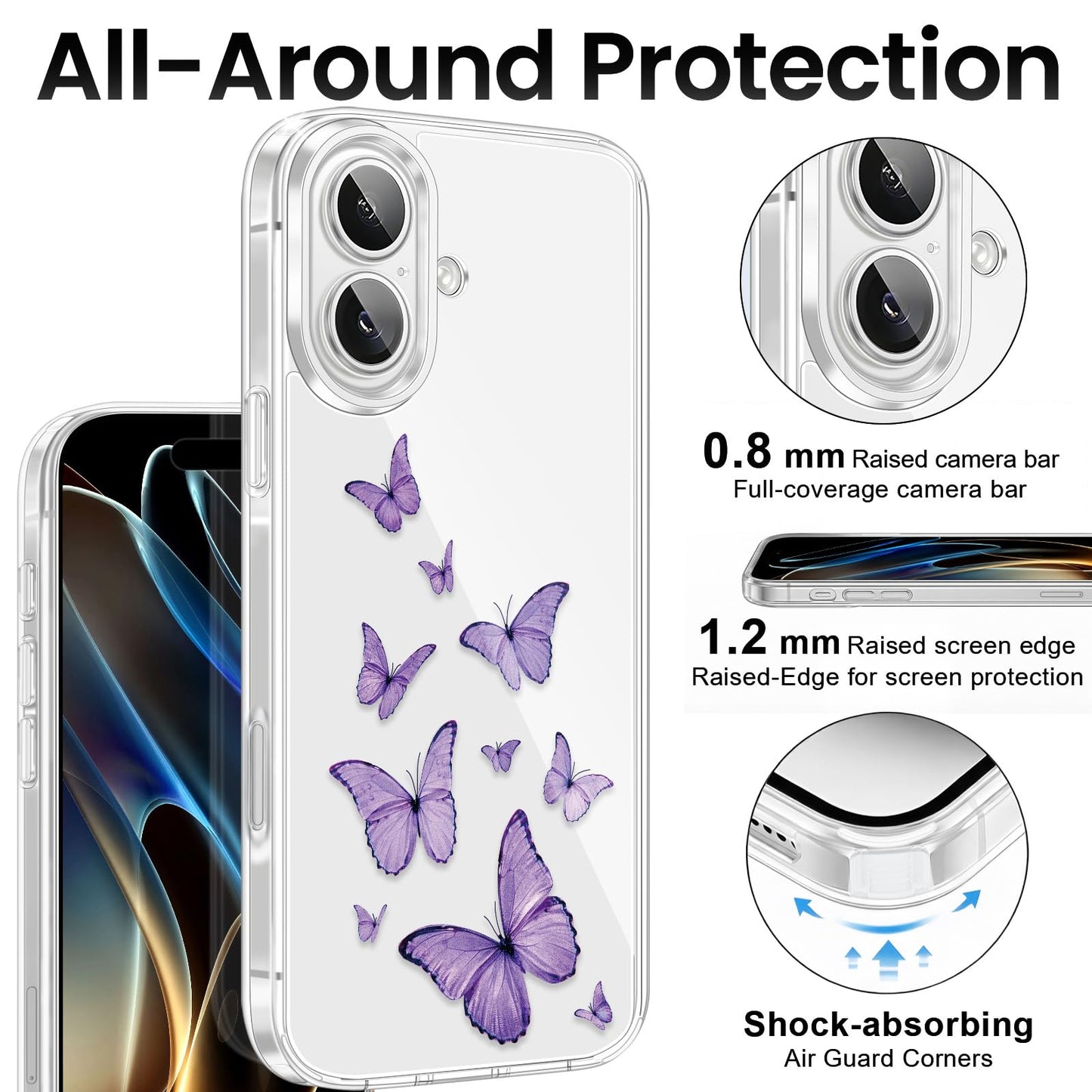 Cute Girly Crystal Clear Case Compatible with iPhone 16 Pro, Camera Control & Shockproof Protection Floral Case for Women, Blue Butterflies WN420