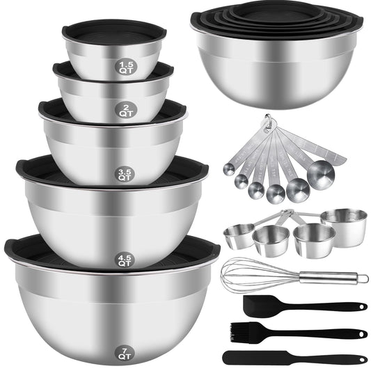 WEPSEN Mixing Bowls Set, 25PCS Stainless Steel Mixing Bowl with Lid Set, Large Nesting Bowls 7, 4.5, 3,2, 1.5QT, Measuring Cups and Spoons Baking Utensils Metal Bowl for Kitchen Prep BST220