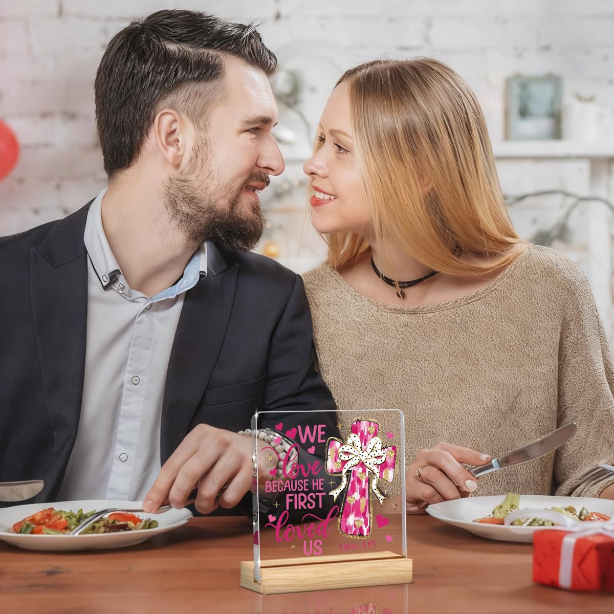 Valentines Day Decorations, Valentines Day Gifts for Her Him, Gift for Boyfriend Girlfriend Husband Wife, John 3:16 Pink Lover Bow Christian Acrylic Sign with Wooden Stand, Bedroom Office Desk Decor