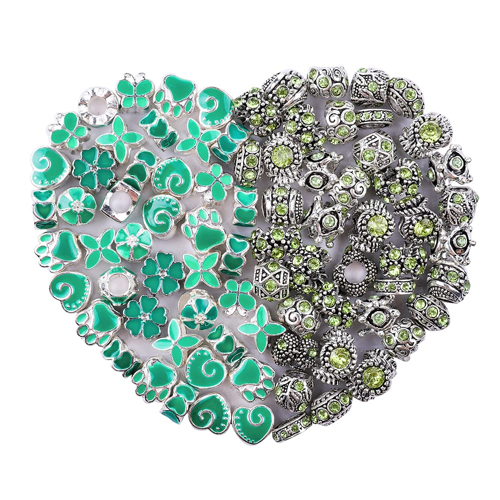 60 Pieces Assorted European Beads with Plating Silver Metal Alloy Rhinestone Large Hole Spacer Beads for DIY Charm Bracelet Jewelry Making (Blue) BST220