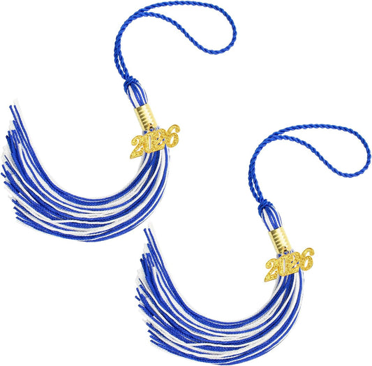 2026 Tassel Graduation, 2 Pcs Blue and White Graduation Tassel 2026, Graduations Tassels with 2026 Year Gold Charms for Grad Cap Hat Accessories Ceremonies Memorial Graduations Party Decorations BST326L