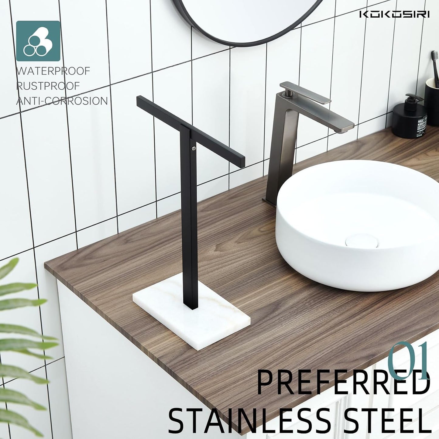 KOKOSIRI Hand Towel Holder Black Stand Towel Rack with Marble Base for Bathroom Kitchen Vanity Countertop, Stainless Steel 15.7'' Height THS0002-SM-BK BST202