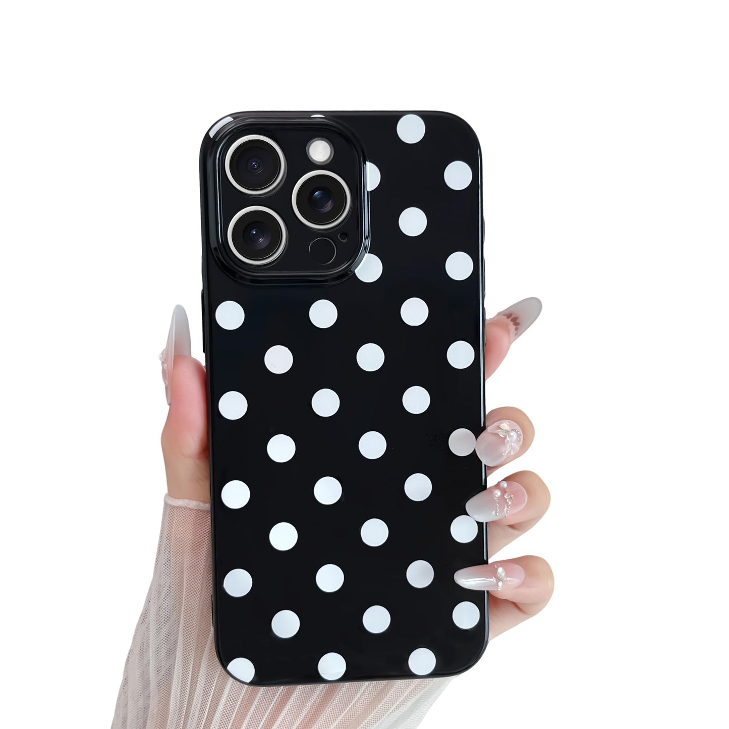 Skyseaco Compatible with iPhone 15 Case Cute Polka Dot Phone Case Soft Slim TPU Shockproof Phone Cover Full Camera Protection for Women Girls - Black WN420