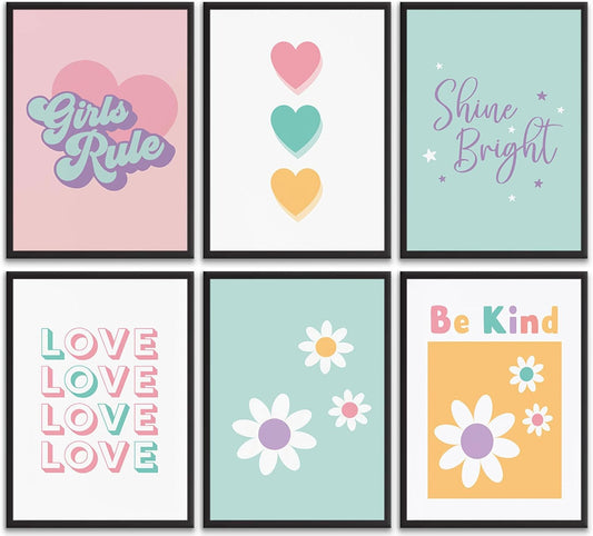 KKJ Girls Rule Canvas Prints, Colorful, 8 x 10 Inch, Set of 6 | Inspirational Quote Wall Art, Unframed Unstretched Rolled Canvas, Teen Girls Room Decor, Dorm Bedroom Apartment BST326H