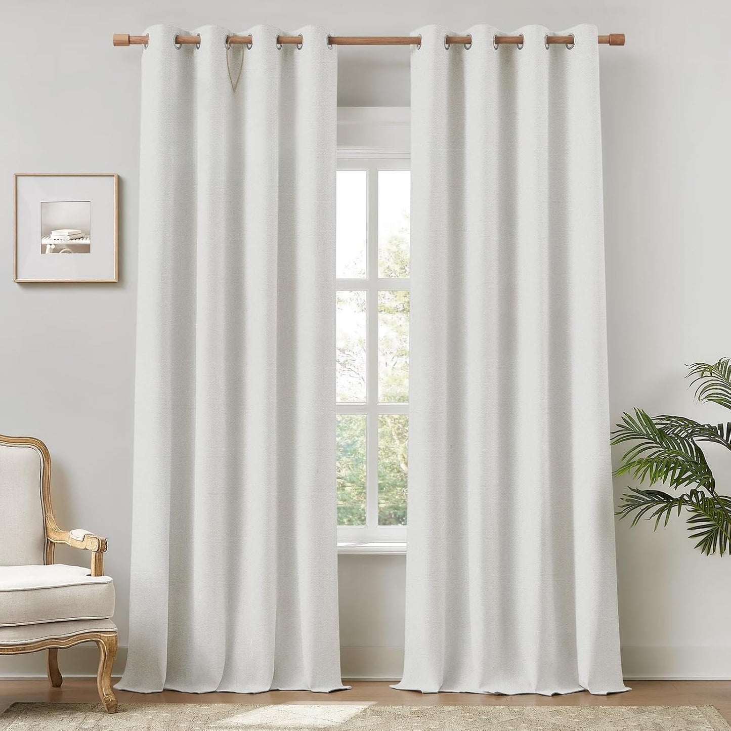 HOMEIDEAS 100% Ivory Cream Linen Blackout Curtains for Bedroom, 52 x 96 Inch Length 2 Panels Faux Linen Thermal Insulated Black Out Grommet Window Drapes for Living Room BST202