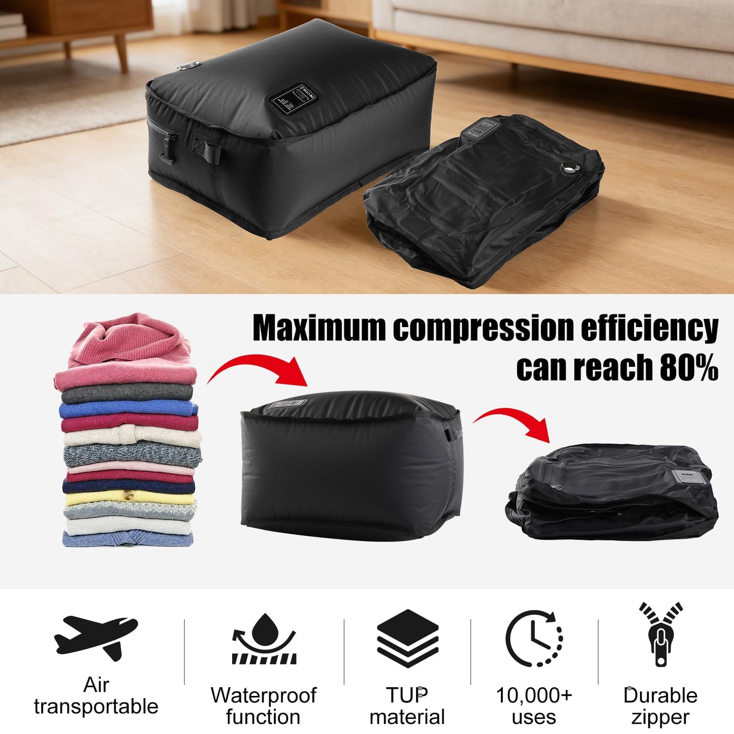 Travel Vacuum Bag(Built-in Electric Vacuum Pump), 28L Vacuum Bags for Travel, USB-C Powered, One-Touch Automatic Vacuum Suctions, IP67 Waterproof(43L) BST220