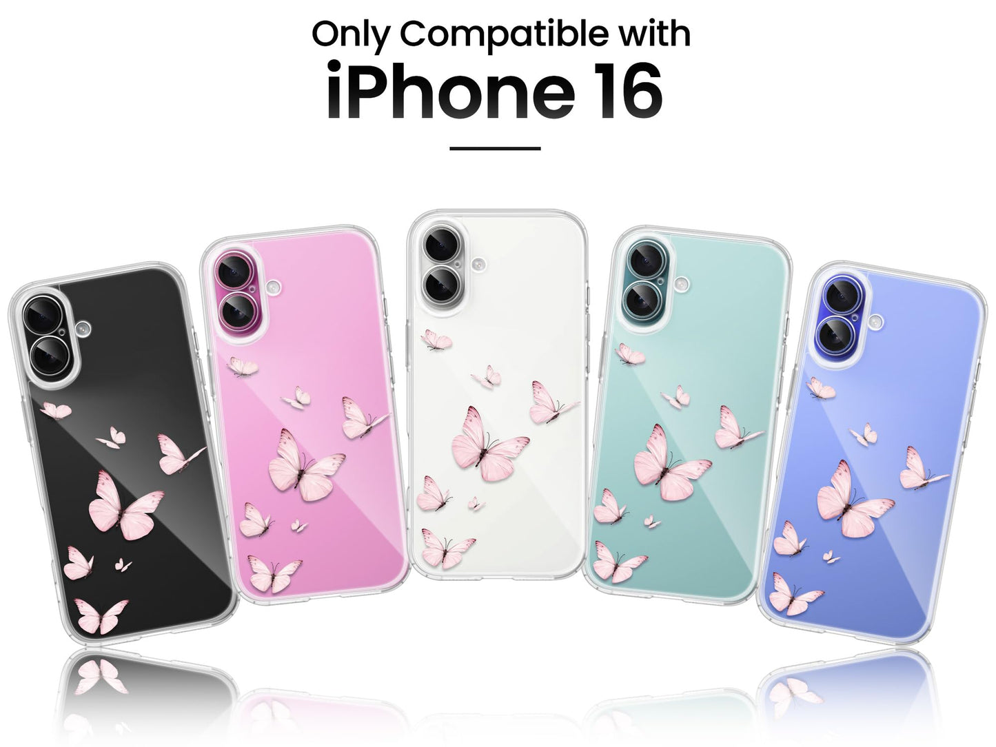 Cute Girly Crystal Clear Case Compatible with iPhone 16 Pro, Camera Control & Shockproof Protection Floral Case for Women, Blue Butterflies WN420