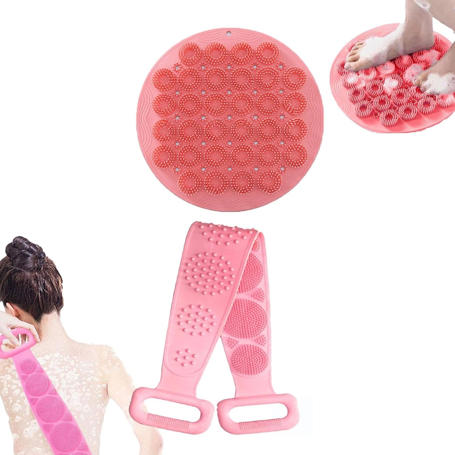 Foot Scrubber&Back Scrubber for Shower Set.Detachable Exfoliating Back Scrubber with Handle+Suction Cup Anti-Slip Foot Scrub Mat Wall Mount for Hygienic Storage&Deep-Cleaning for Men&Women(Pink) BST202