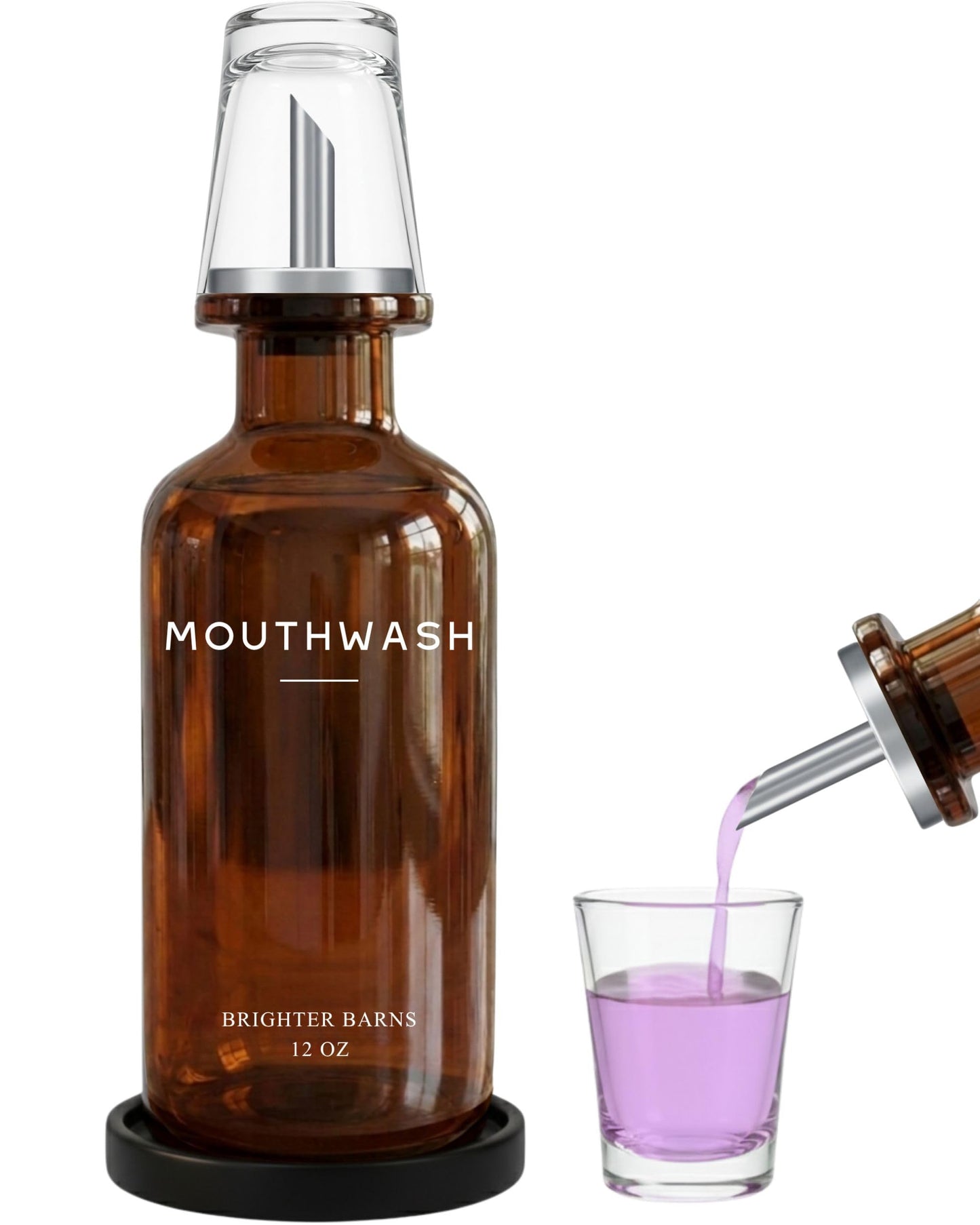 Glass Mouthwash Dispenser for Bathroom by Brighter Barns - Refillable Mouthwash Container with Glass Cup and Tray - Mouth Wash Dispensers for Bathroom Sink, Home Decor, Airbnb, Office, Hotel (Clear) BST326H
