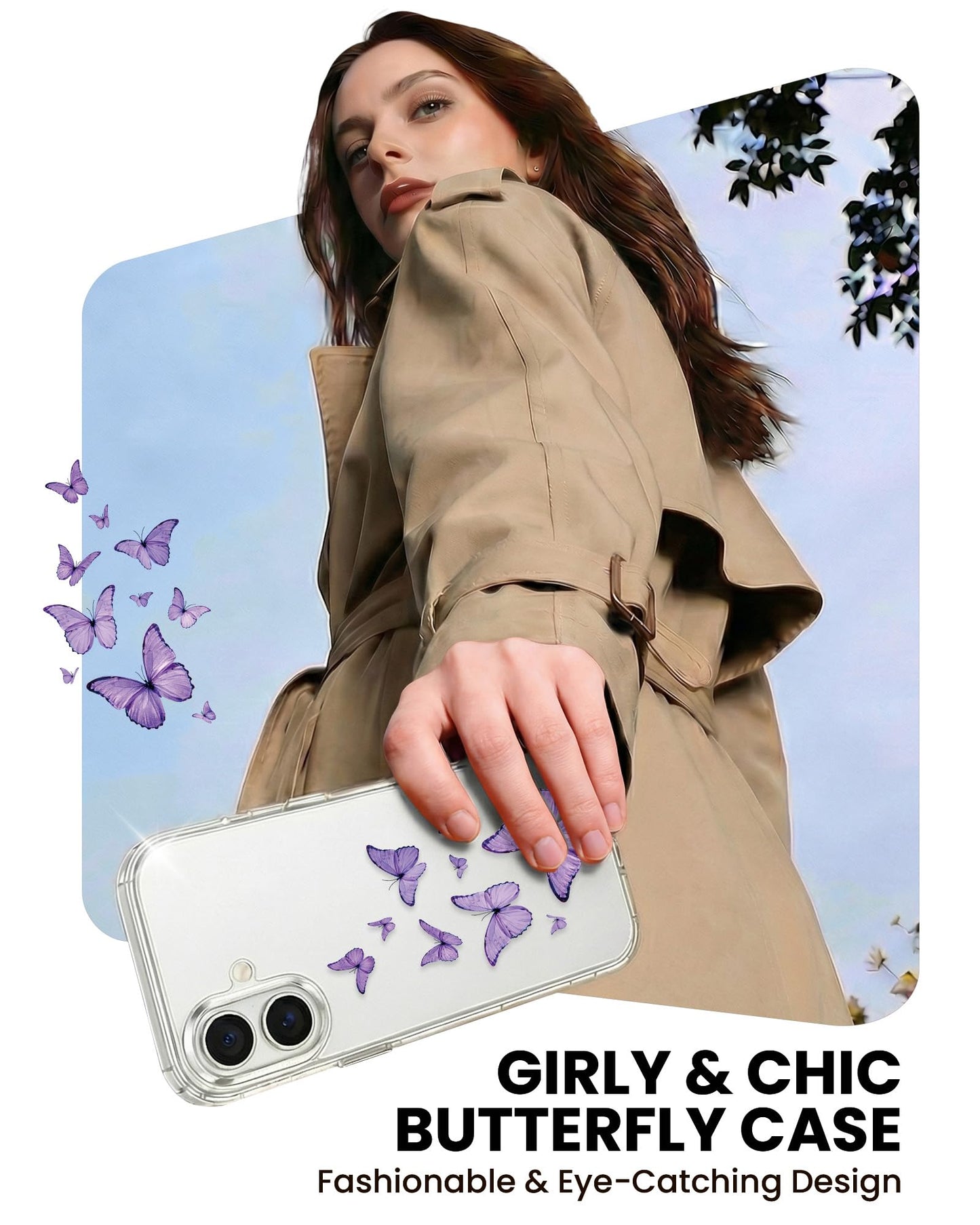Cute Girly Crystal Clear Case Compatible with iPhone 16 Pro, Camera Control & Shockproof Protection Floral Case for Women, Blue Butterflies WN420