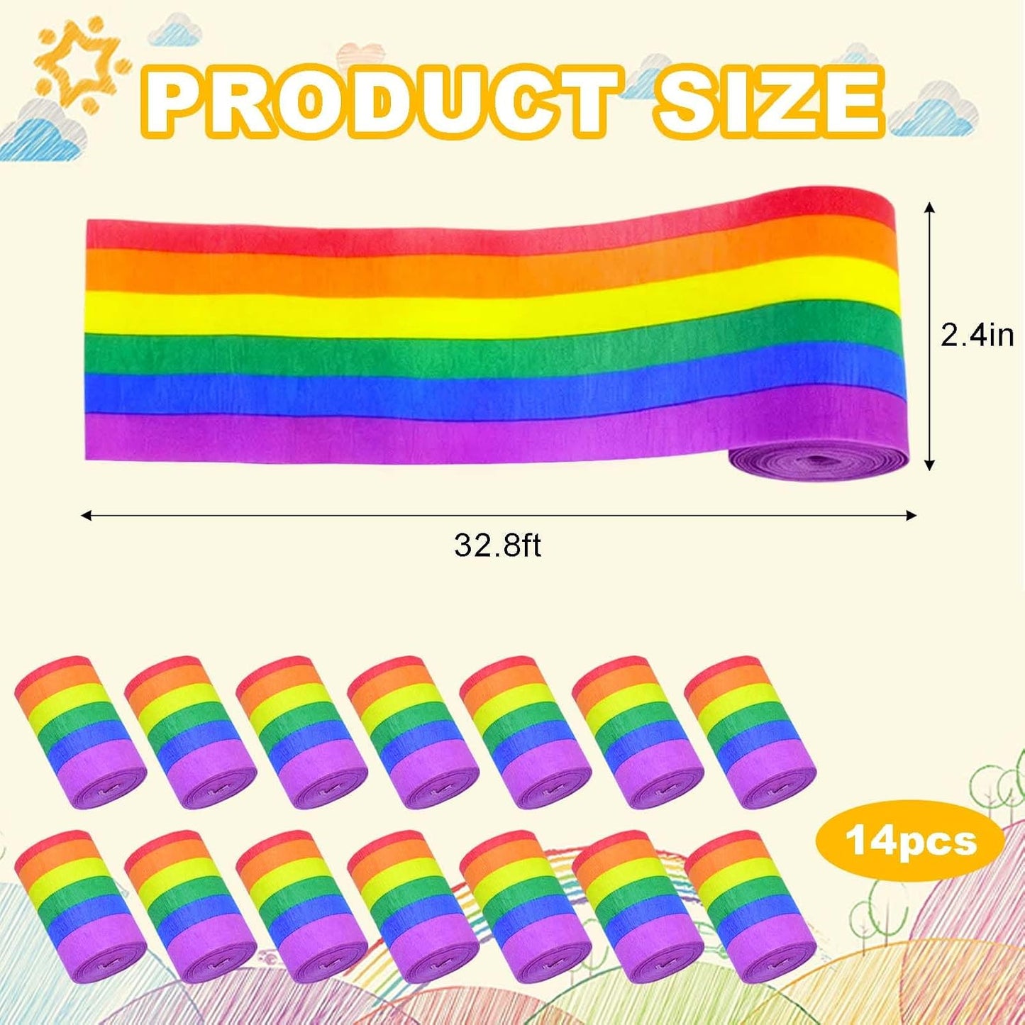 14 Rolls Rainbow Crepe Paper Streamers 459.2 ft Colorful Crepe Rolls Rainbow Party Streamers Crepe Paper for Pride Day Gay LGBT Birthday Bridal Baby Shower Party DIY Crafts BST326L
