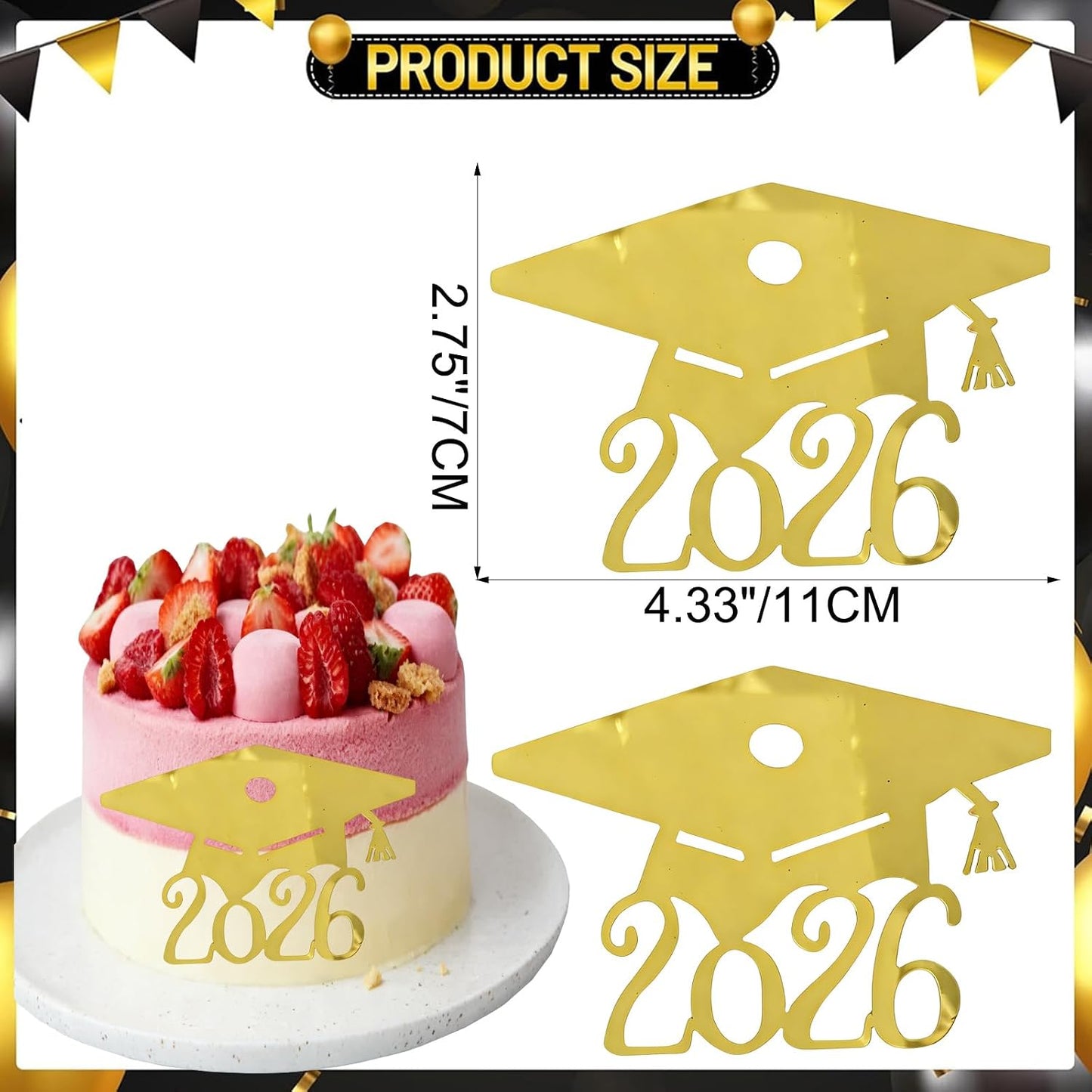 2026 Graduation Cake Toppers, 16 Pack Acrylic Gold Mirror Grad Cap Cake Decorations,Grad Hat Side Cake Toppers for Class of 2026 Party Supplies, High School College Graduation Cake Decorations BST220