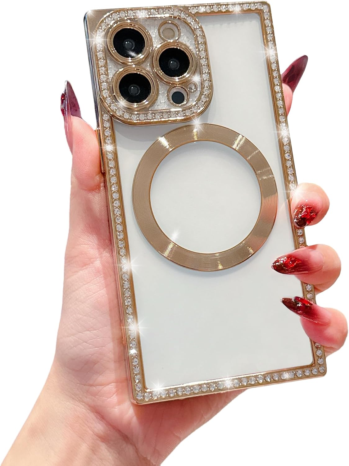 Owncase Magnetic for iPhone 13 Pro Case, Compatible with Magsafe, Crystal Diamonds Glitter Electroplated Edge Soft TPU Clear Phone Case for Women Girls, Gold WN420