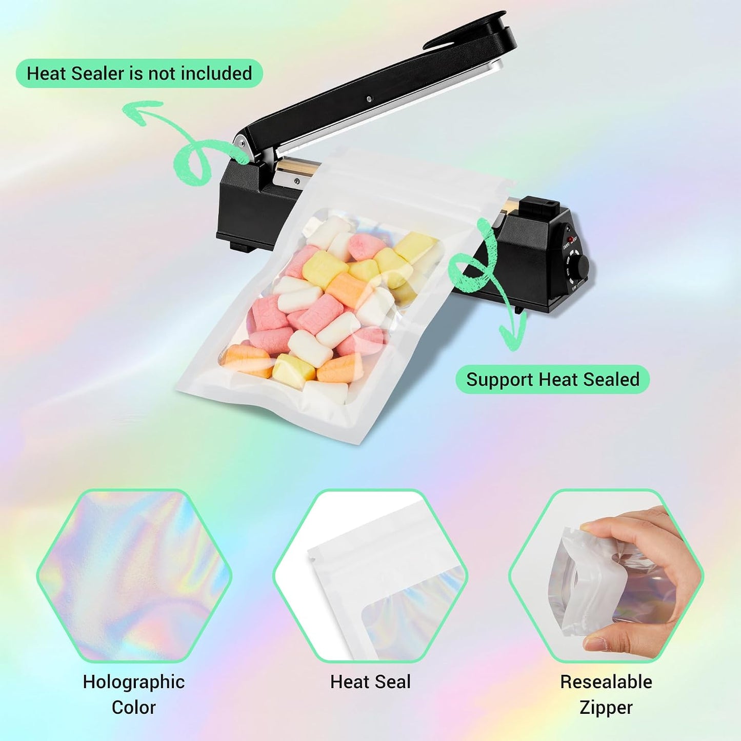 Holographic Mylar bags -100Pcs Self-Seal Resealable Zip Baggies with Clear Window, Smell Proof Laser Iridescent White 3x4.7 inch for Small Business Samples, Party favors,Snacks,Jewelry BST326L