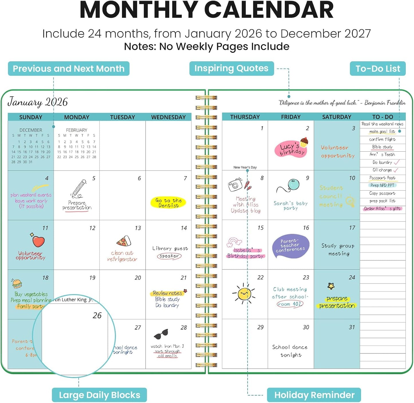 Monthly Planner 2026-2027, 2 Year Months Calendar Planner 2026-2027, Runs from January 2026 - Decembe 2027, 7" x 10", 24 Months, Perfect for School Office Home Planning - Racing Green WN420