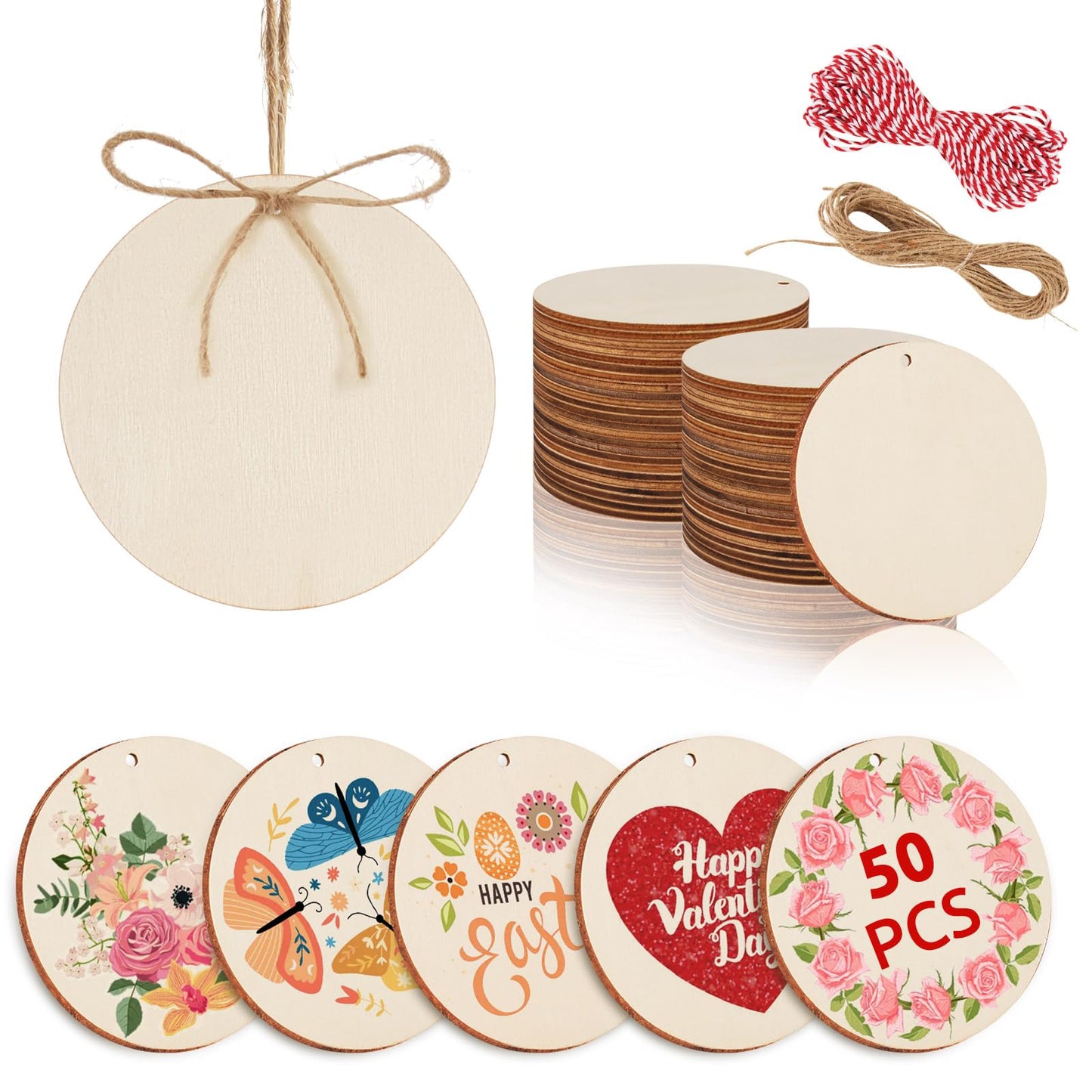 Philorn 50pcs Wooden Ornaments for Crafts 3.5" Unfinished DIY Wooden Ornaments, Predrilled Wood Slices Circles for Crafts Paint Holiday Hanging Decorations