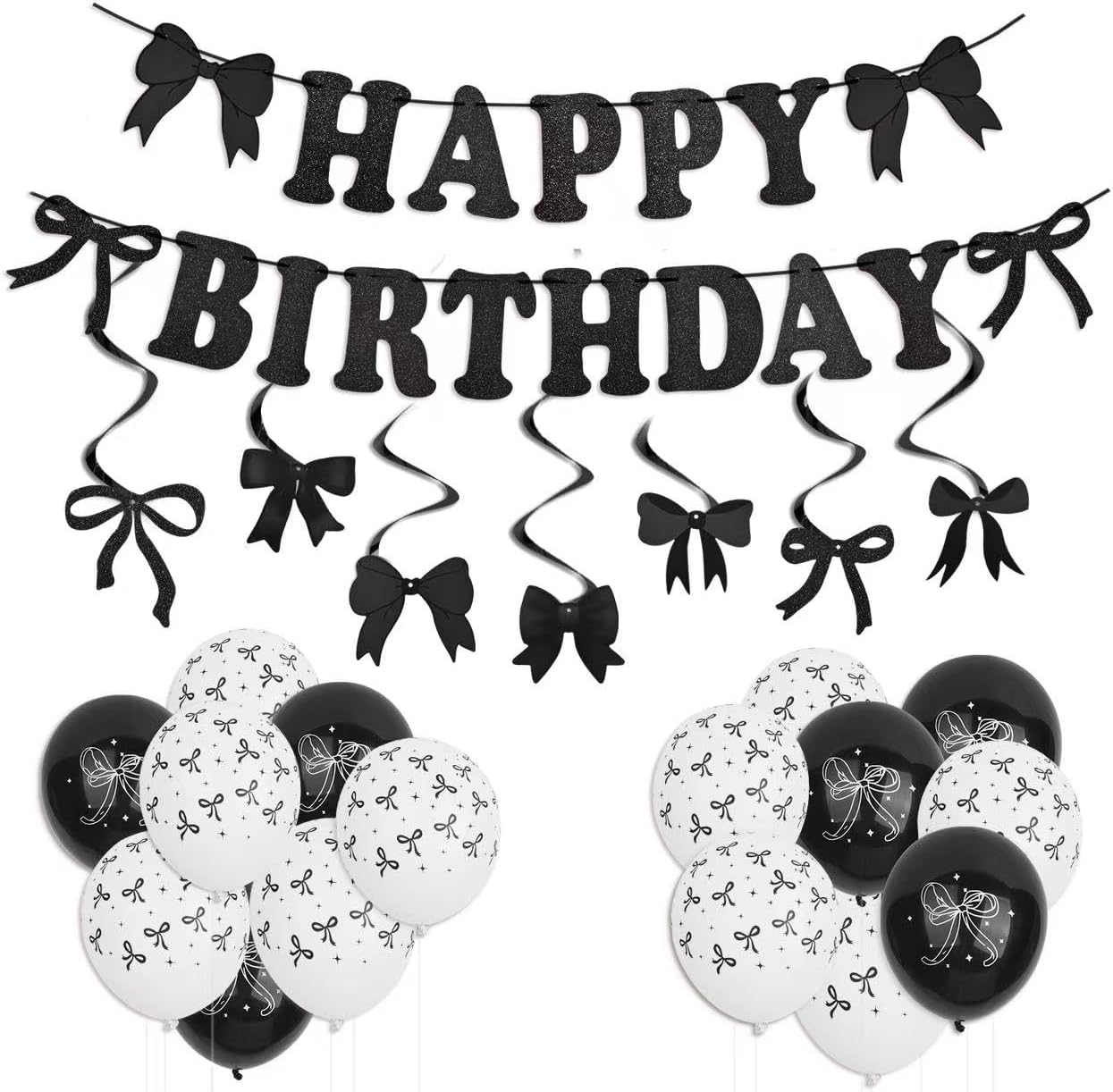 Black Bow Birthday Decorations Set - Coquette Theme Party Supplies with Happy Birthday Banner Garland, Hanging Swirls, Bow Balloons for Women Black Party Decorations Supplies (black) BST326L