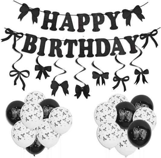 Black Bow Birthday Decorations Set - Coquette Theme Party Supplies with Happy Birthday Banner Garland, Hanging Swirls, Bow Balloons for Women Black Party Decorations Supplies (black) BST326L