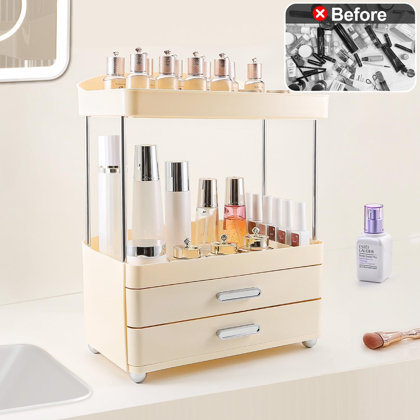 DASITON 4 Tiers Makeup Organizer, 2 Drawers Large Cosmetic Organizers for Vanity Bathroom Countertop, Bathroom Organizers and Storage for Skincare, Cosmetic, Perfume, Dresser Organizer (Cream+Clear) BST220