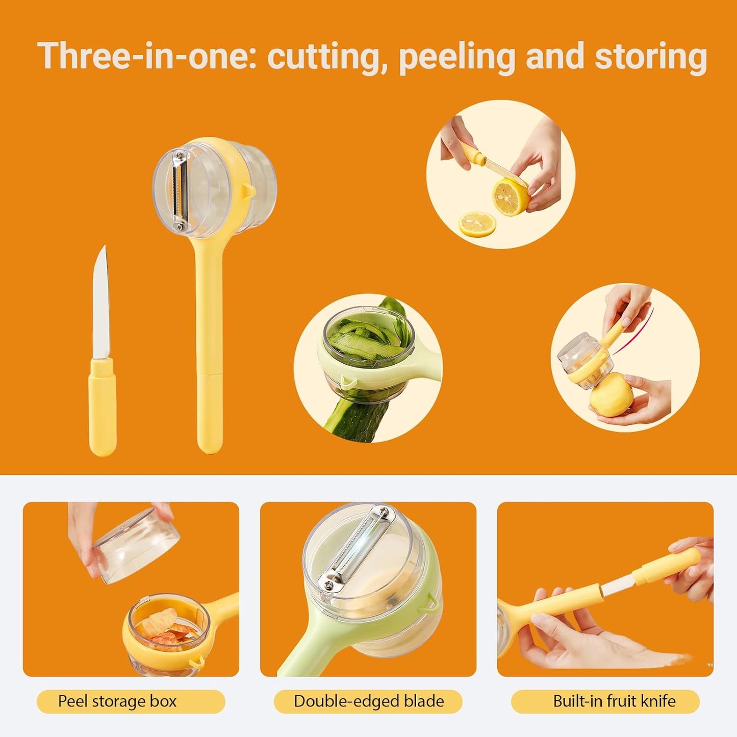 3-in-1 Vegetable Peeler with Storage Container - Stainless Steel Blade, Built-in Knife in Handle, Catches Peels, for Kitchen, Backyard BBQs, Picnics, Outdoor Parties - Easy Clean (Yellow) BST202