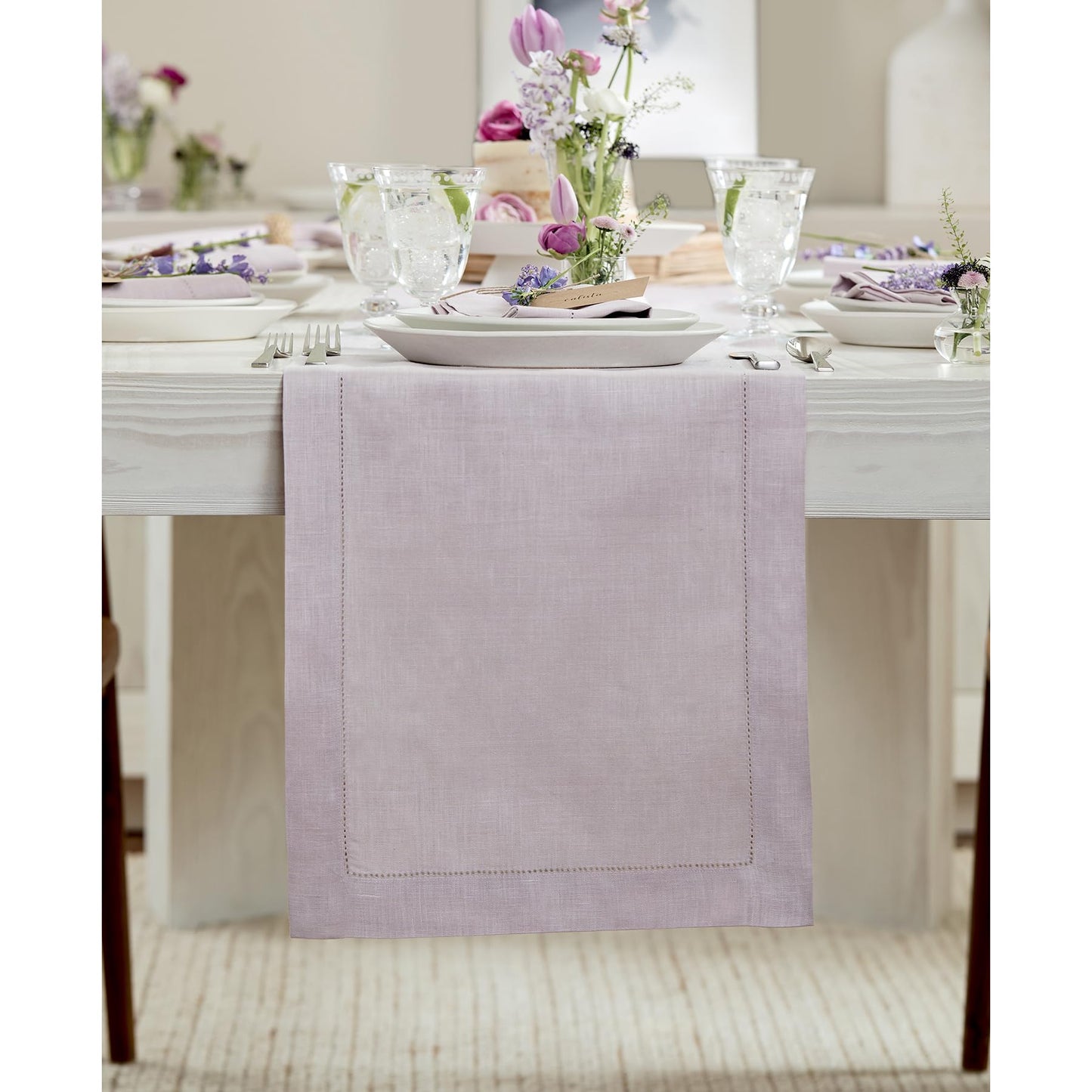 Solino Home 100% Pure Linen Table Runner Garden Green Hemstitch, 14 x 48 in | Classic Hemstitch Table Runners for dining, hallway and console table styling | hand hemstitched borders | OEKO-TEX Certified BST326SOLH