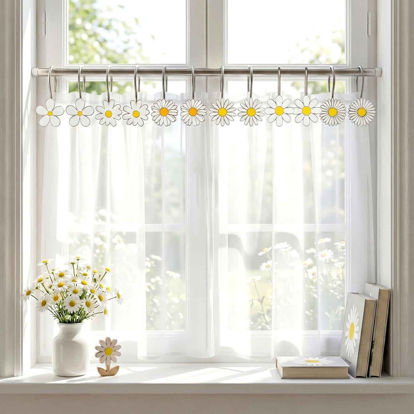 LEIFIDE 12 Pcs Spring Summer Metal Sunflower Shower Curtain Hooks SunflowerFlower Shower Curtain Hooks Floral Decorative Curtains Hangers Rings for Gifts Living Room Bathroom Decor BST326L