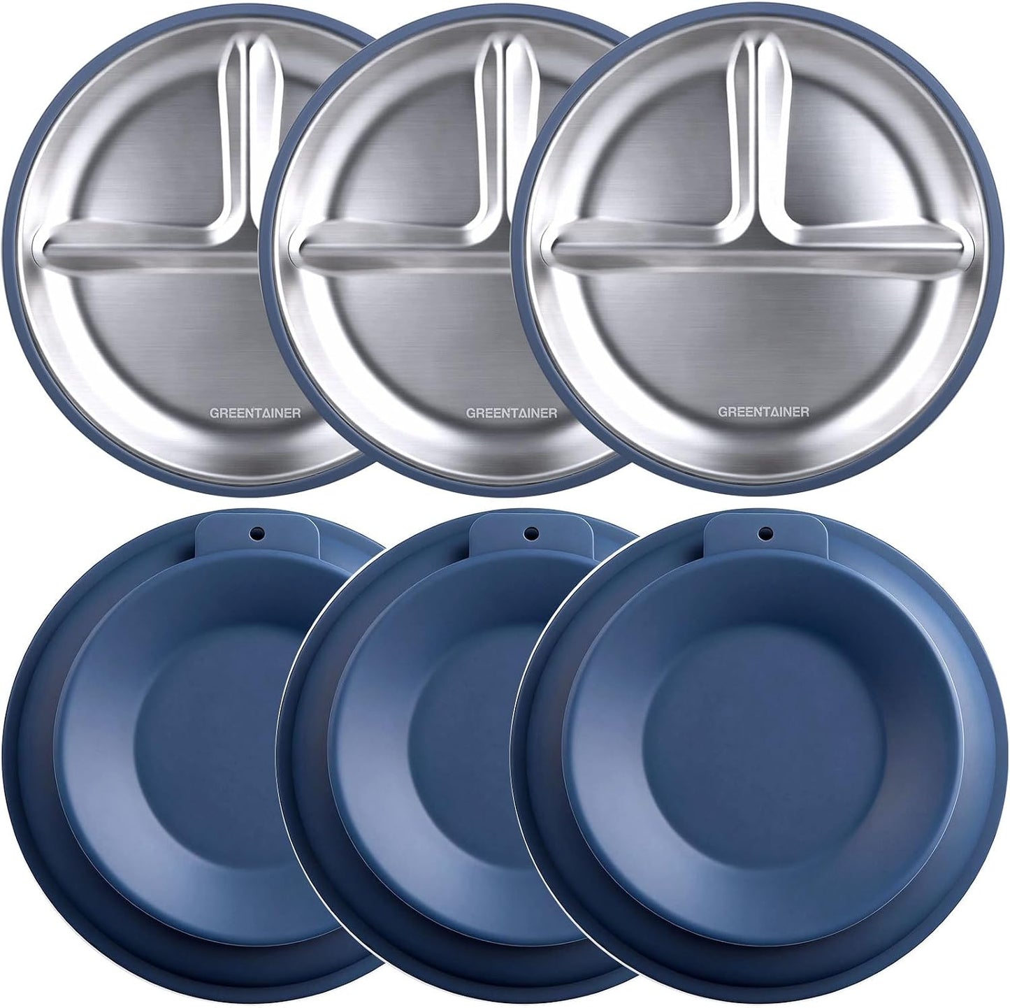 Greentainer 3 Pack Stainless Steel Baby Plates with Suction, Divided Toddler Plates with Removable Silicone Sleeves, Unbreakable Kids Dishes for Dinner & Snack, Non-Toxic, Dishwasher Safe BST326H