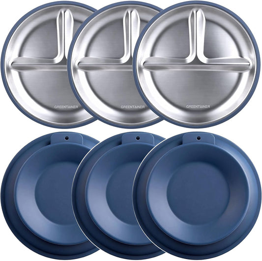 Greentainer 3 Pack Stainless Steel Baby Plates with Suction, Divided Toddler Plates with Removable Silicone Sleeves, Unbreakable Kids Dishes for Dinner & Snack, Non-Toxic, Dishwasher Safe BST326H