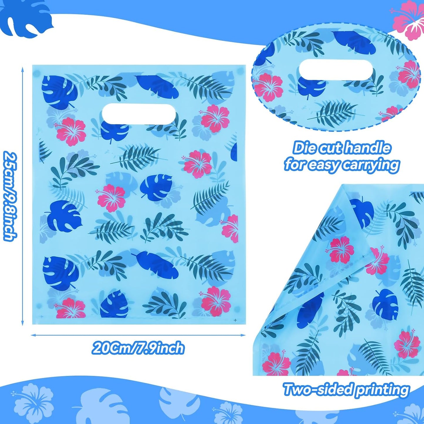 Sadnyy 100 Pcs Plastic Hawaiian Goodie Bags 8 x 10 Inch Cute Cartoon Hawaii Party Favor Bag Cartoon Theme Luau Pouches Floral Hibiscus Luau Welcome Pouches for Summer Party Favor BST220