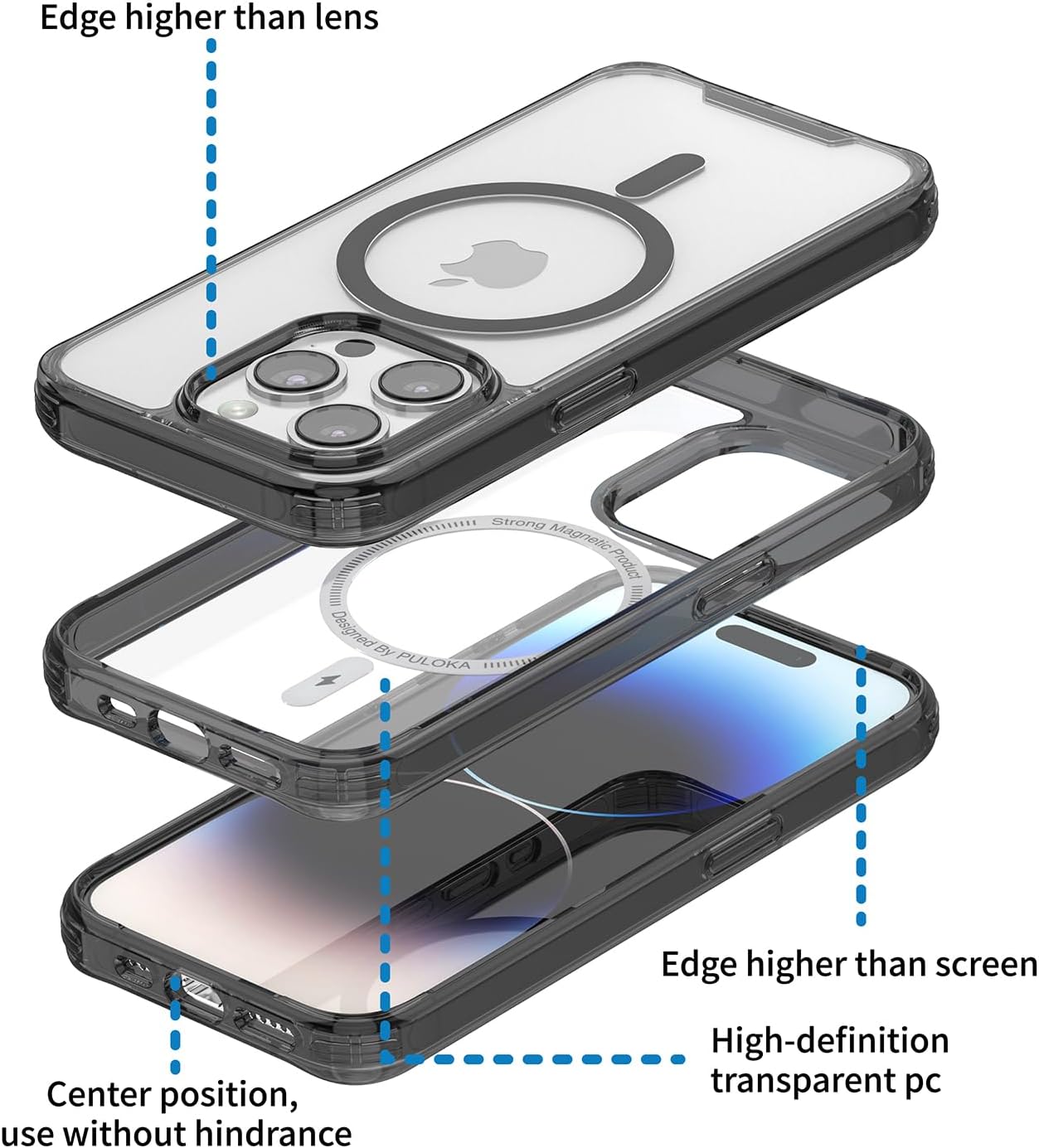 PULOKA for iPhone 14 Pro Transparent Case, Compatible with MagSafe, Clear Protector Slim Cover, Magnetic Phone Case for iPhone 14 Pro 6.1 inch Balck WN420