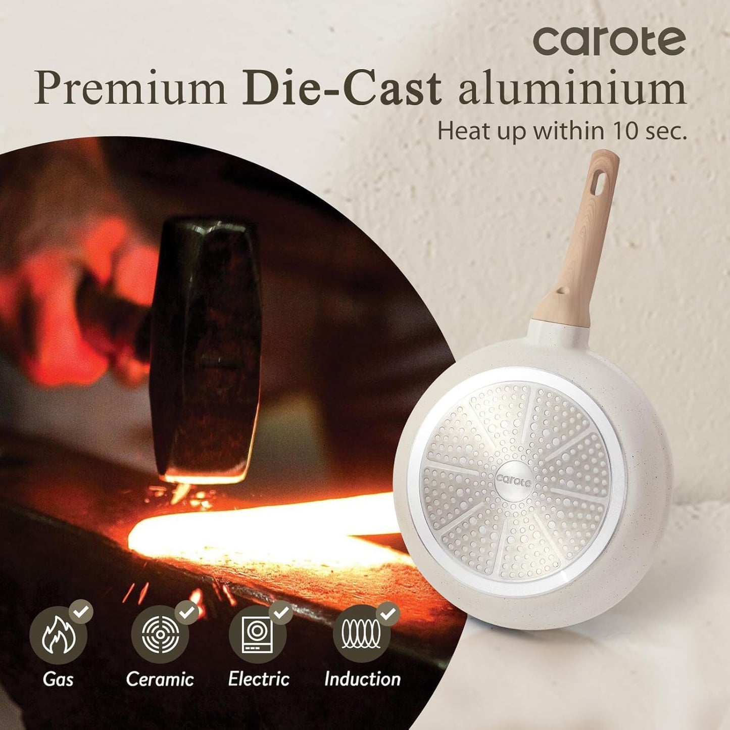 CAROTE Non Stick Frying Pan, 12 Inch Cream White Skillet with Glass Lid | Non Toxic Kitchen Healthy Cookware, Compatible with All Stovetop, Easy to Clean, PFOA Free BST202