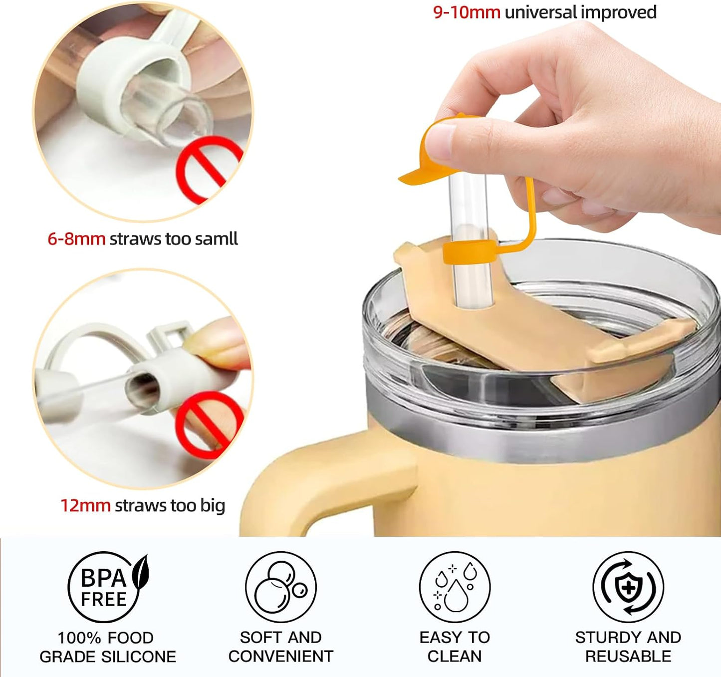 Straw Covers Cap for Tumblers 4 Pcs Yellow Hat Stanley Cup Toppers 0.4 in 10 mm Silicone Cute Straws Stoppers Tips for Water Bottle 30 & 40 Oz Cups with Handle Accessories Proof Dust Lids WN420