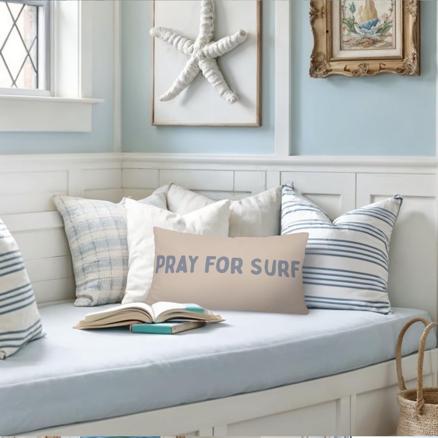 Coastal Beach Girly Room Decor 12x20 Pillow Cover, Preppy Beach Navy Blue Bikini Striped Decorative Lumbar Pillow Covers for Girls Bedroom College Dorm Sofa Couch BST326L