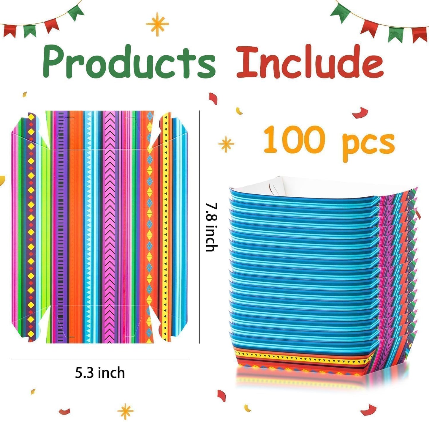 Mexican Taco Nights Food Trays 100Pcs Mexican Nacho Popcorn Unassembled Trays Snack Candy Holder Disposable Paper Plates Holiaday Carnival Party Supplies Concession Stand Food Containers BST202