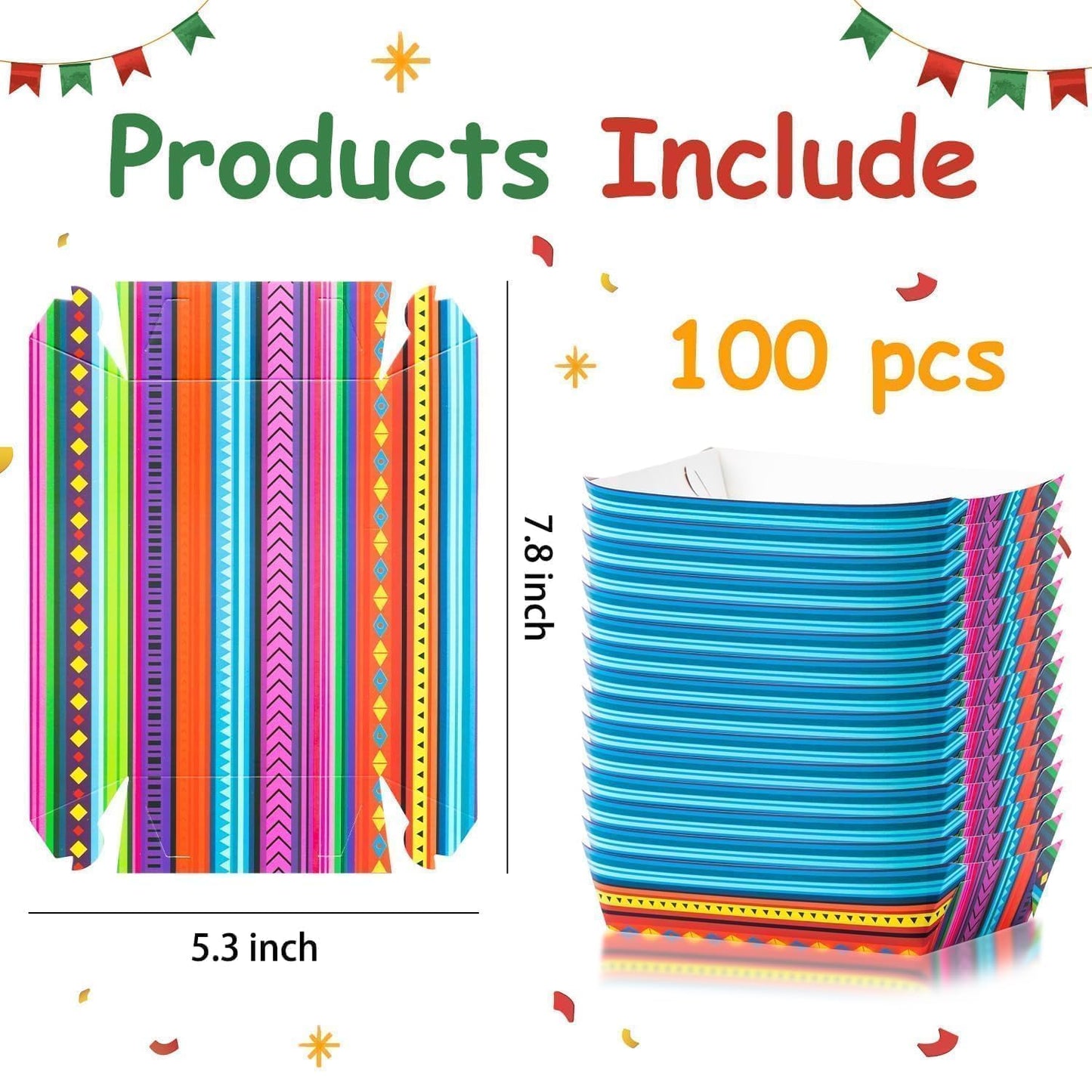 Mexican Taco Nights Food Trays 100Pcs Mexican Nacho Popcorn Unassembled Trays Snack Candy Holder Disposable Paper Plates Holiaday Carnival Party Supplies Concession Stand Food Containers BST202