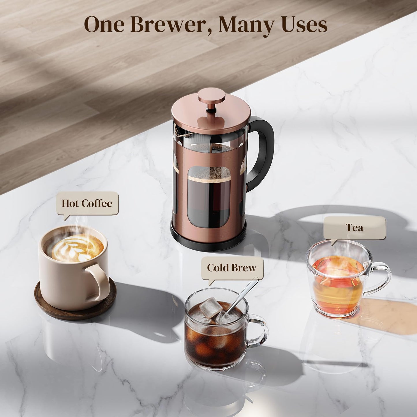 Veken French Press Coffee Maker 34oz, No Plastic Touching Cafe,Thickened Glass Stainless Steel Brewer, Cold Brew Cafetera Tea pot for Kitchen Travel Camping, Gifts, Decor, Bar Accessories, Dark Pewter