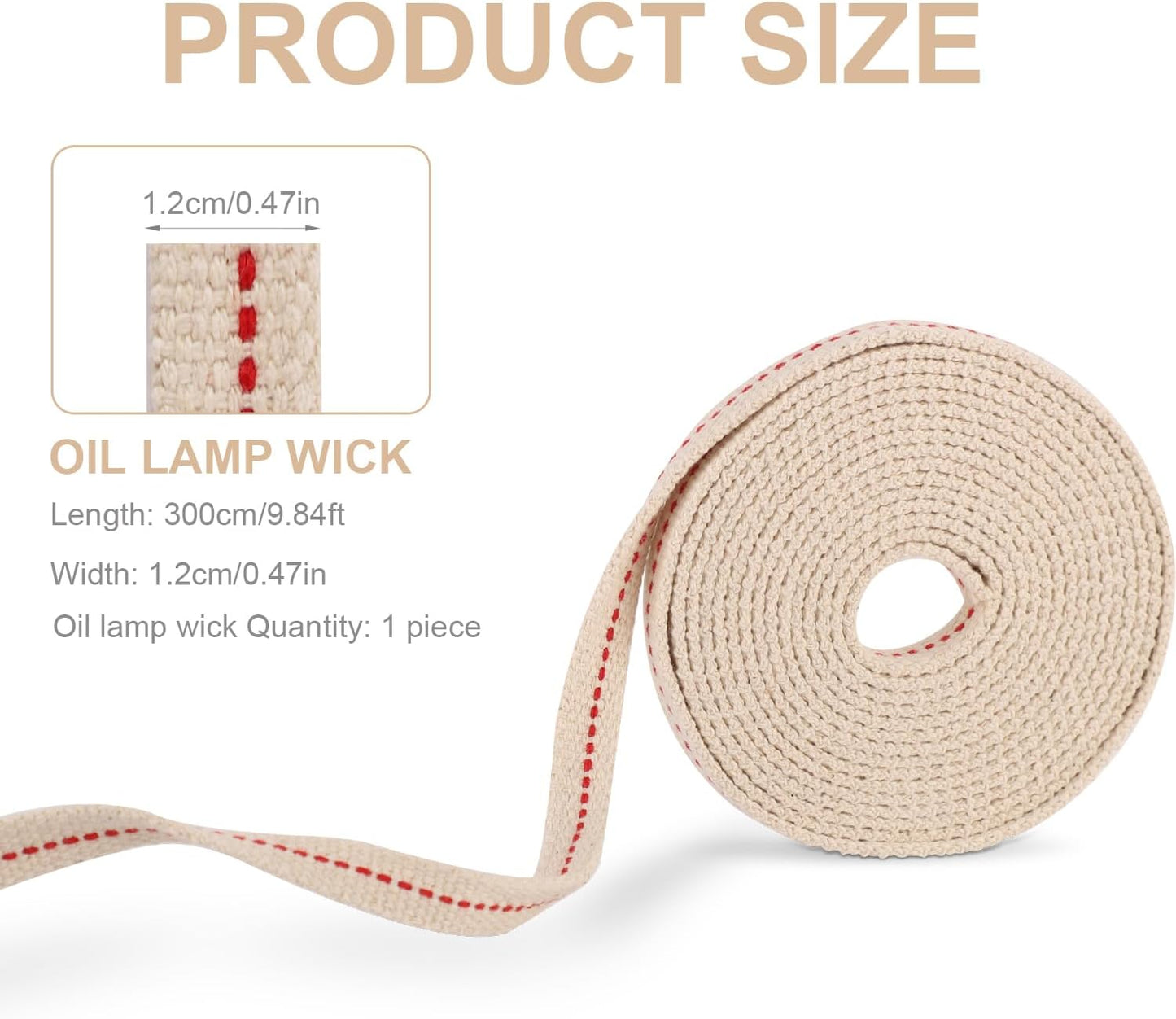 Oil Lamp Wicks, 1/2in Total Length 9.84ft Cotton Flat Oil Lantern Wicks Cotton Flat Wick for Paraffin Oil Wicks for Oil Lamps with Red Stitch Replacement Parts for Kerosene Burner Lamp(White) BST326L