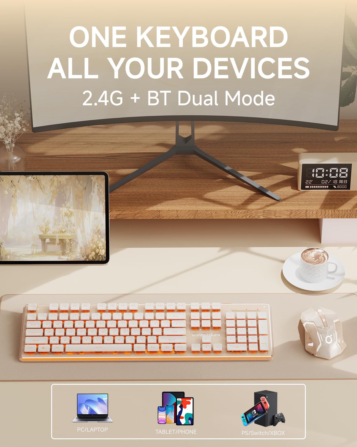 V3 Wireless Keyboard and Mouse with Single Backlit, Metal Panel, Bluetooth/2.4G Rechargeable Computer Keyboard and Mouse Combo Silent Lighted Full Size Cute Keyboards-White