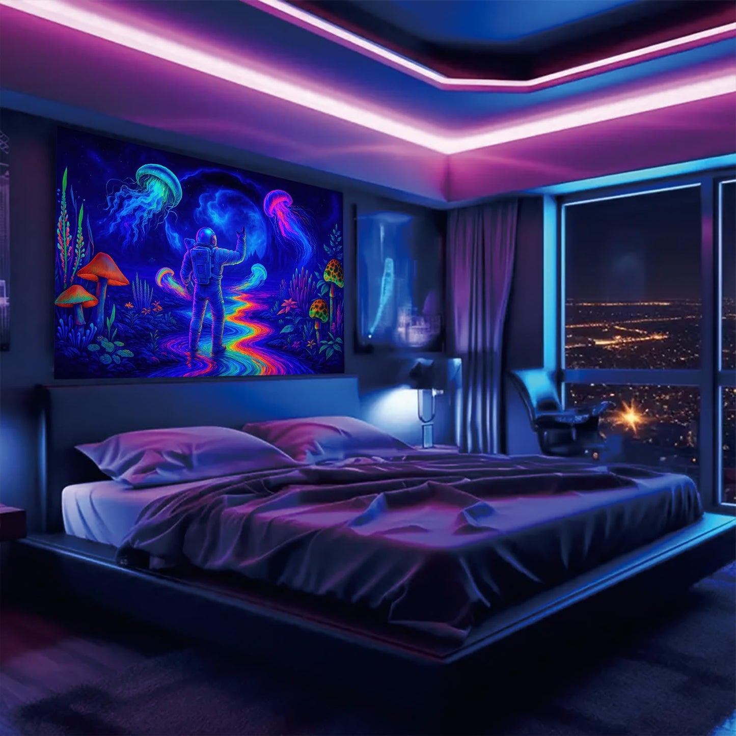 Starlit Patio Astronaut Blacklight Tapestry Trippy Forest Moon Vortex UV Reactive Galaxy Wall Hanging Psychedelic Space Poster Fluorescent Sci Fi Room Decor for Bedroom Dorm Gaming Lounge 78 x 59 Inch BST220