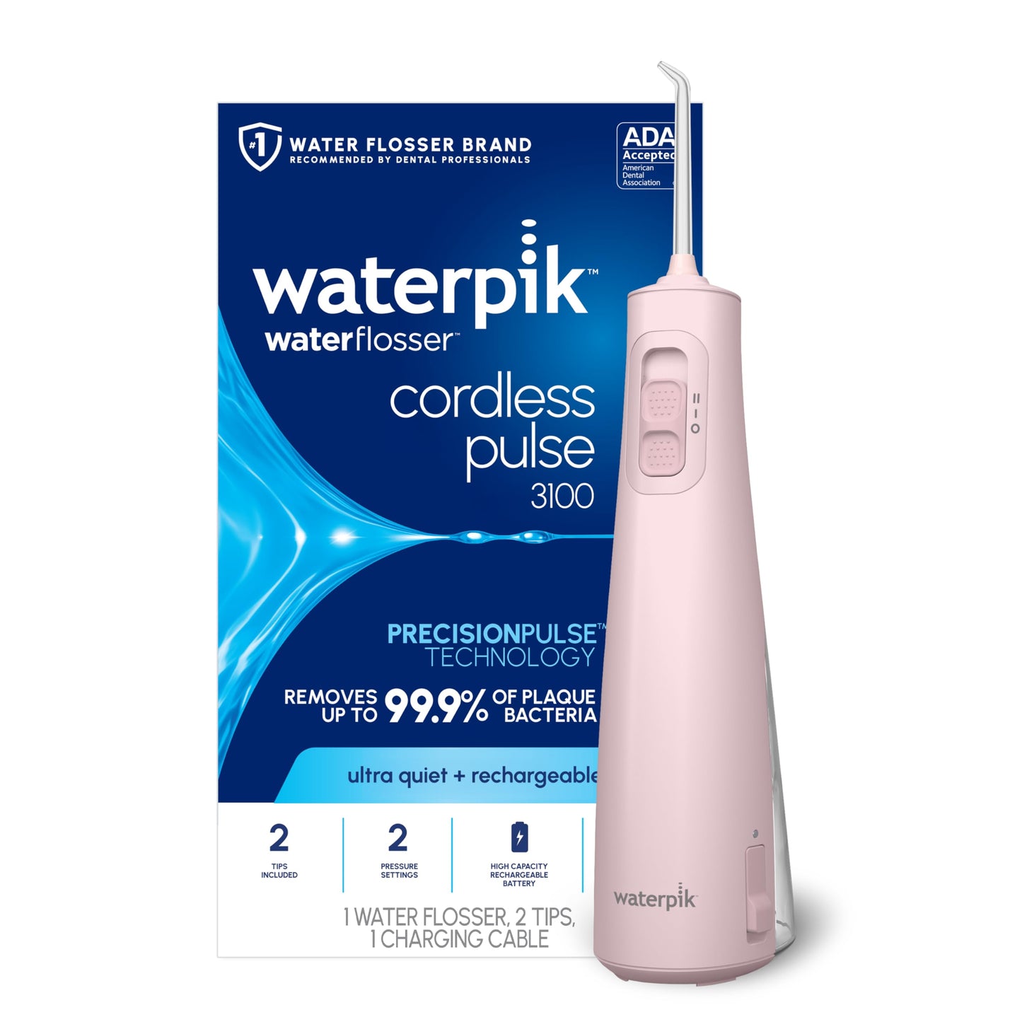 Waterpik Cordless Pulse 3100 Rechargeable Portable Water Flosser for Teeth, Gums, Braces Care and Travel with 2 Flossing Tips, Waterproof for Shower Use, ADA Accepted, WF-20 White, Amazon Exclusive DD1210