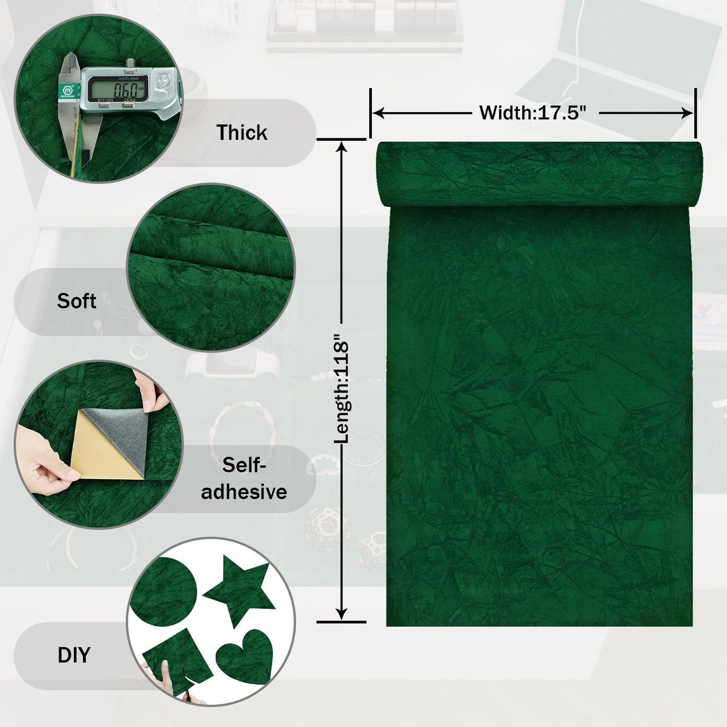 Vintage Green Crushed Velvet Drawer Liner Emerald Green Velvet Wallpaper Self Adhesive Soft Flocking Liner for Jewelry Cabinets Drawer Wrapping Box Frame Crafts Felt Fabric Contact Paper BST220