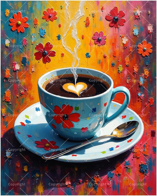 Still Life Paint by Numbers Kit for Adults - DIY Coffee Cup with Heart Steam Painting on Canvas 16x20In, Acrylic Paint Set, Suitable for Beginners, Art for Home Decoration or Gifts WN420