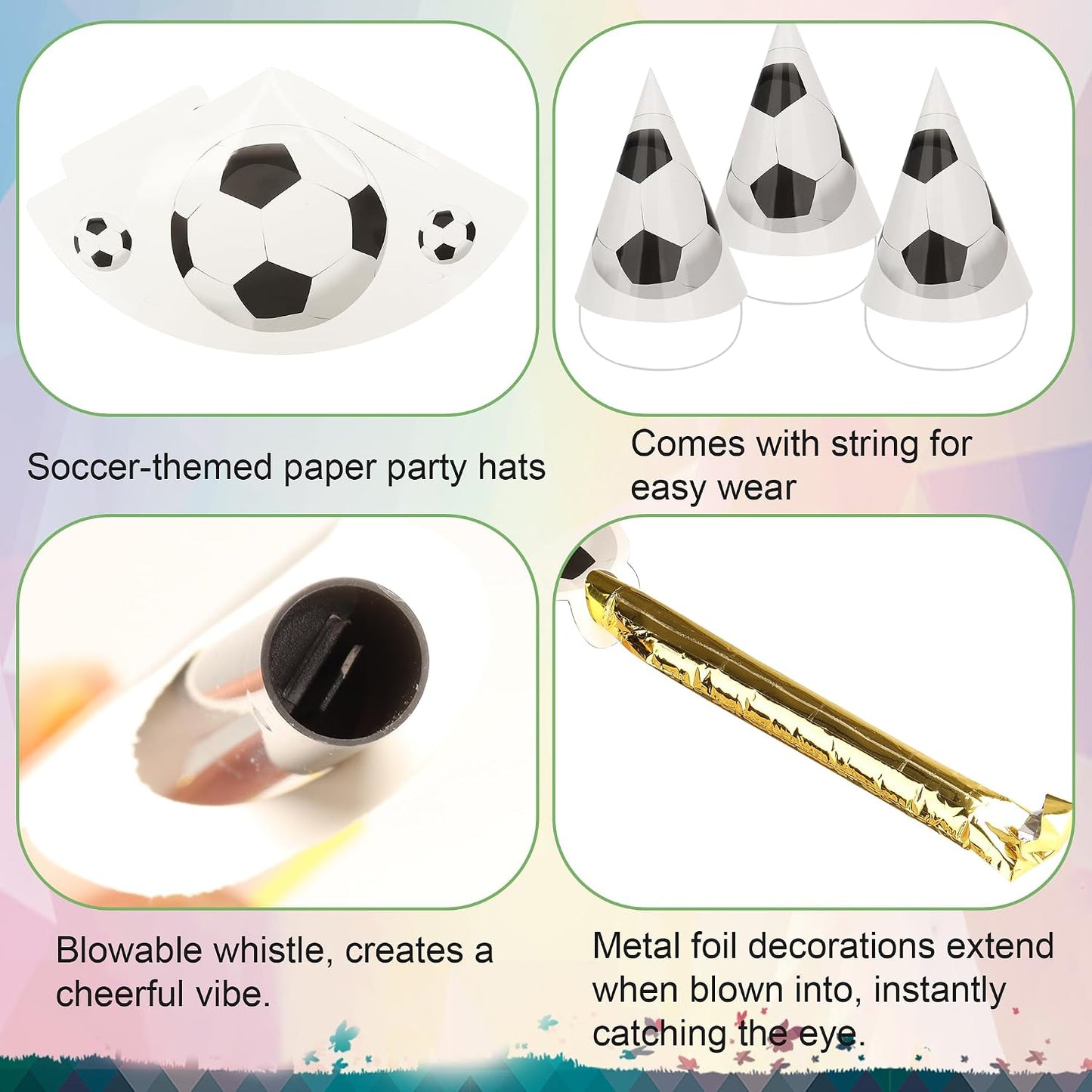 24 Pcs Soccer Party Supplies Kit, Football Paper Hats & Football Blowers Horn Noisemakers Photo Booth Props for Adults Sports Soccer Game Days Sports Event Birthday Party Favor Decor (Set A) BST202
