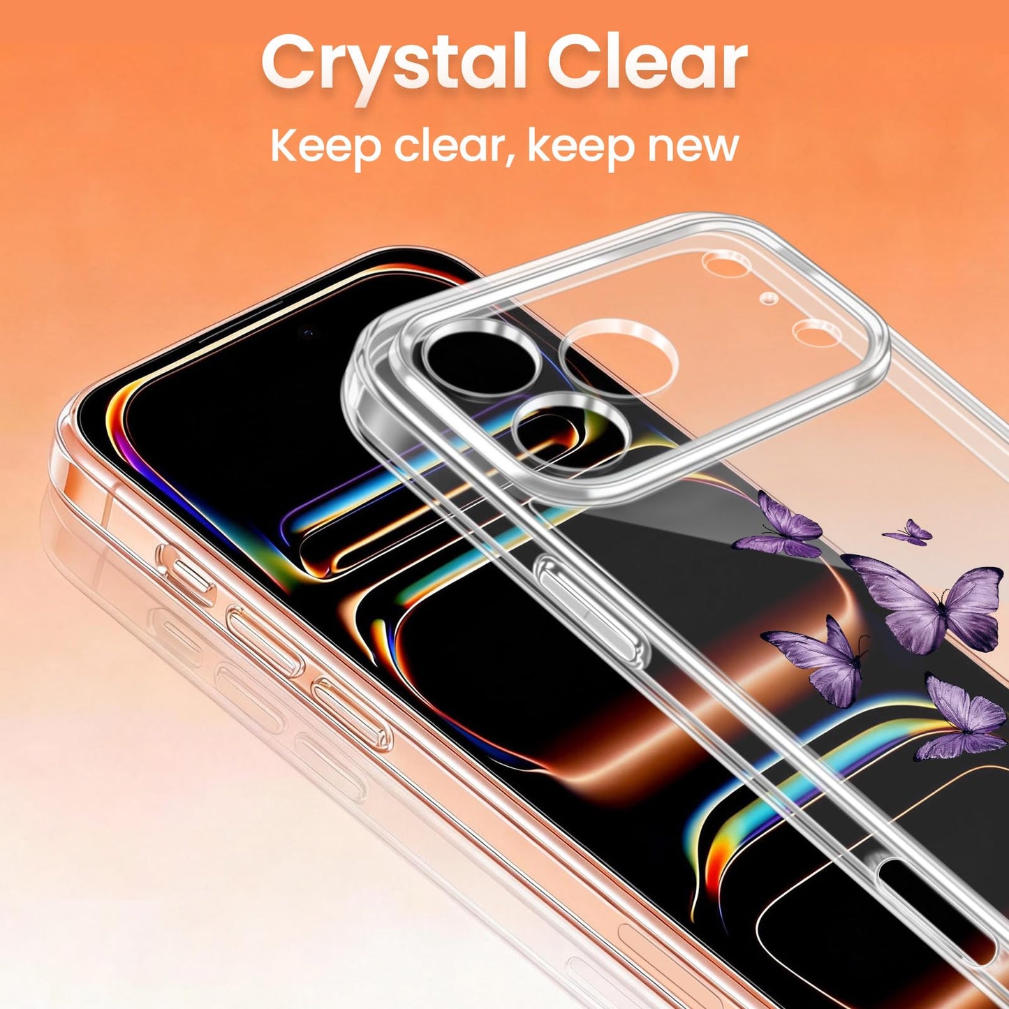Cute Girly Crystal Clear Case Compatible with iPhone 16 Pro, Camera Control & Shockproof Protection Floral Case for Women, Blue Butterflies WN420