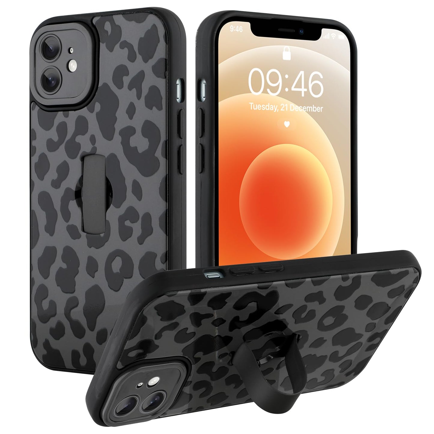 Compatible with iPhone 13 Case, Cute Cheetah Leopard Pattern | Built in Adjustable Wrist Strap Grip Hand Holder Stand Shockproof Kickstand Cover for Women Girls (Black White) WN420