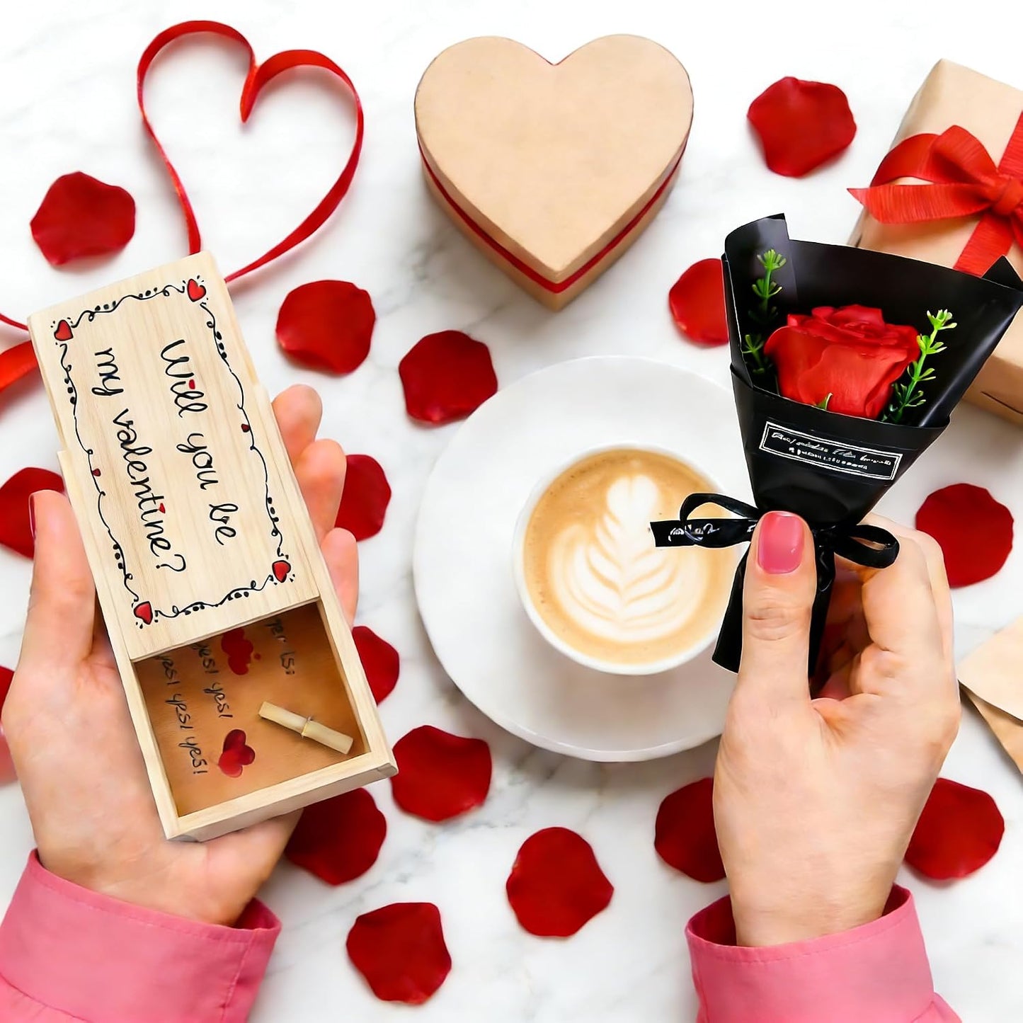 Will You Be My Valentine Card Matchbox Handmade Cute Love Card Wooden Box with Mini Rose Surprise Gift for Valentine's Day, Anniversary for Her, Him, Wife, Husband, Girlfriend, Boyfriend BST202