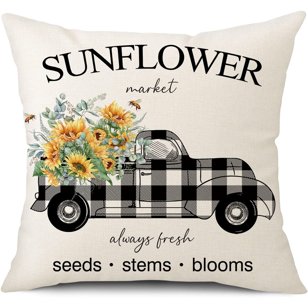 Spring Easter Pillow Covers 18x18 Set of 2 Rabbit Bunny Carrot Truck Spring Flowers Decorative Throw Pillow Covers for Home Office Sofa Bed Couch BST326L