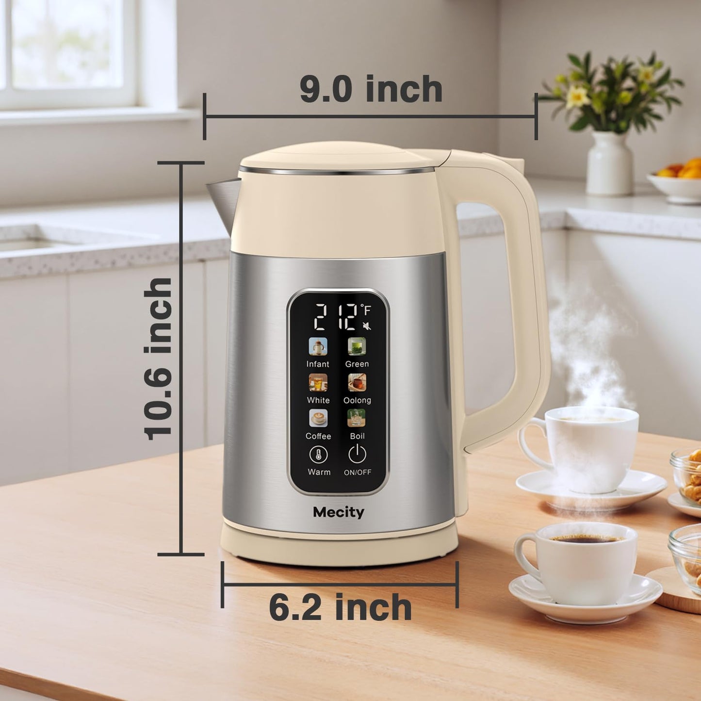 Mecity Electric Kettle 1.7L Touch Screen Temperature Control Water Boiler, No Plastic Contact with Water. 6 Preset Temperature Programs, 2 Hours Keep Warm, Auto Shut Off, Dark Grey DD1210