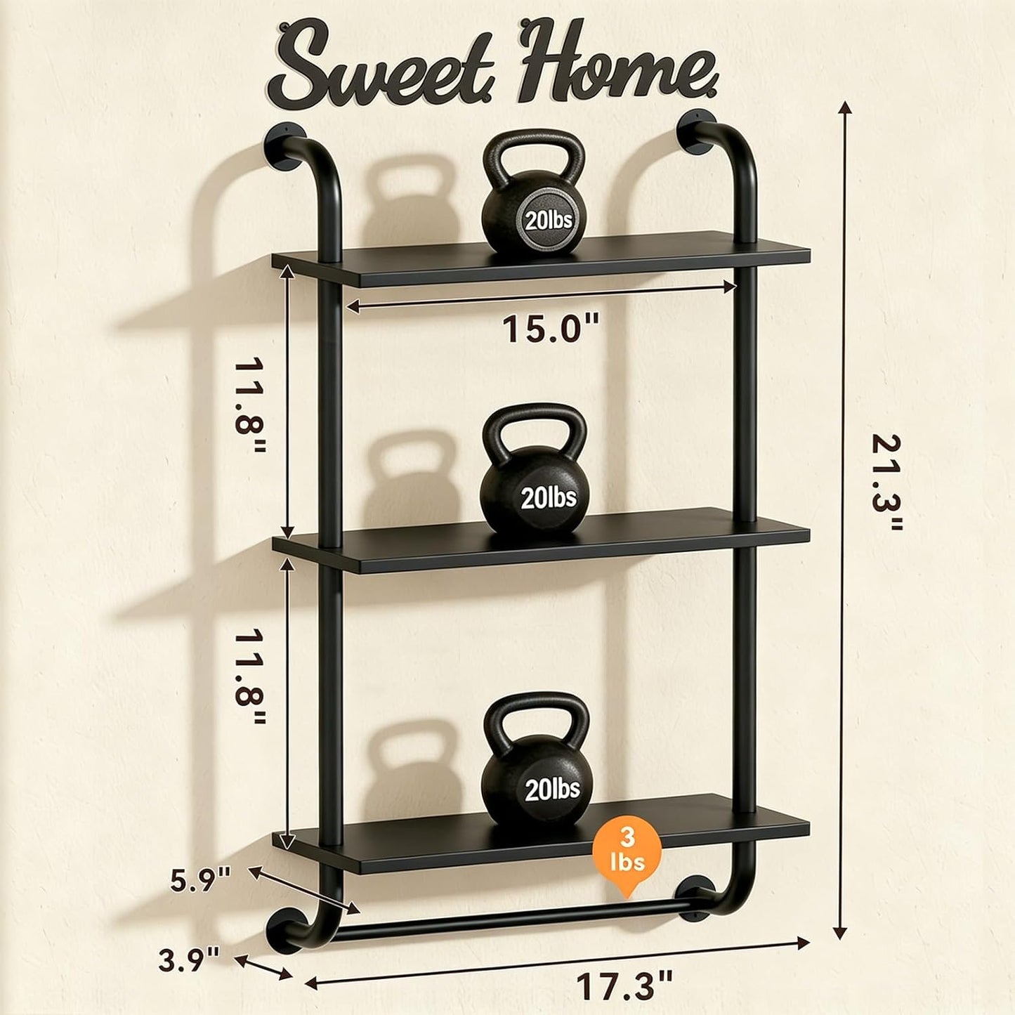 Tinpin Bathroom Shelves Wall Mounted, Rustic Farmhouse Pipe Shelves, Walls Shelf 3-Tier, Industrial Pipe Shelving, Floating Shelf Wall Decor for Bathroom, Kitchen, Bedroom, Living Room 17.3in Black DD1210